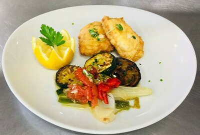 Recetario BACALAO REBOZADO CON ENSALADA DE VERDURAS ASADAS