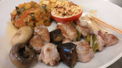 Recetario BROCHETA DE CERDO Y BERENJENA A LA PIMIENTA VERDE (PD)